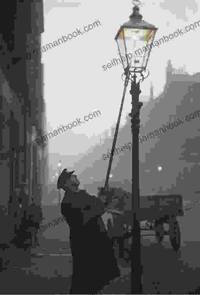 Lamplight In The Fog By Robert Manley, Depicting A Solitary Lamplighter Amidst A Foggy Cityscape. LAMPLIGHT IN THE FOG Robert J Manley